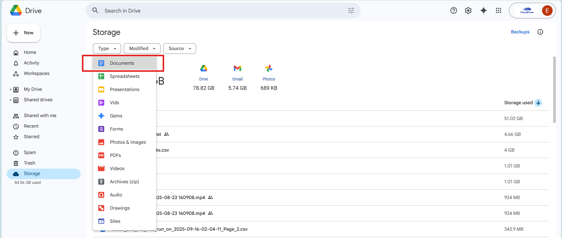 Choosing Documents Type in Google Drive