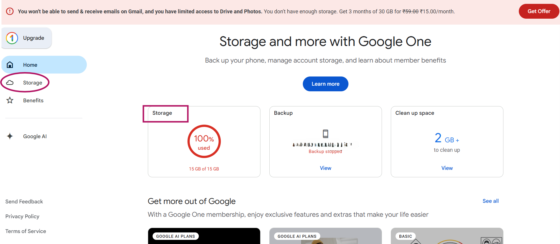Choosing storage option under Google One
