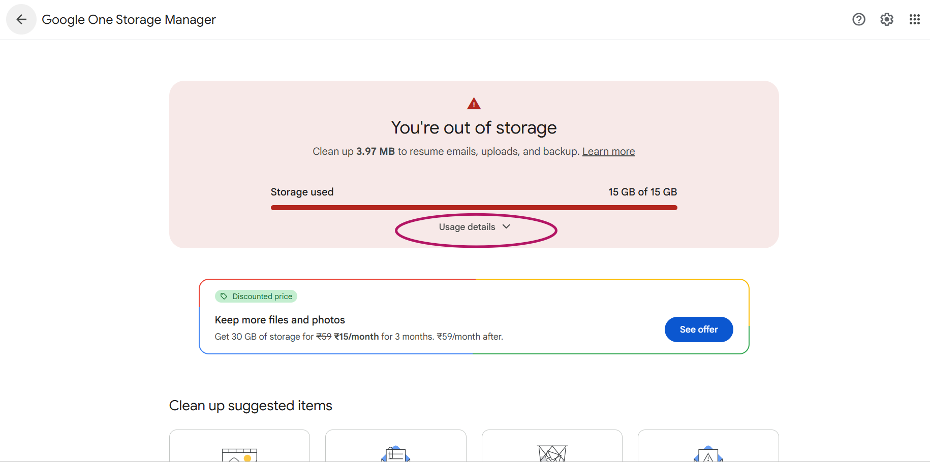 Choosing usage details in Google One