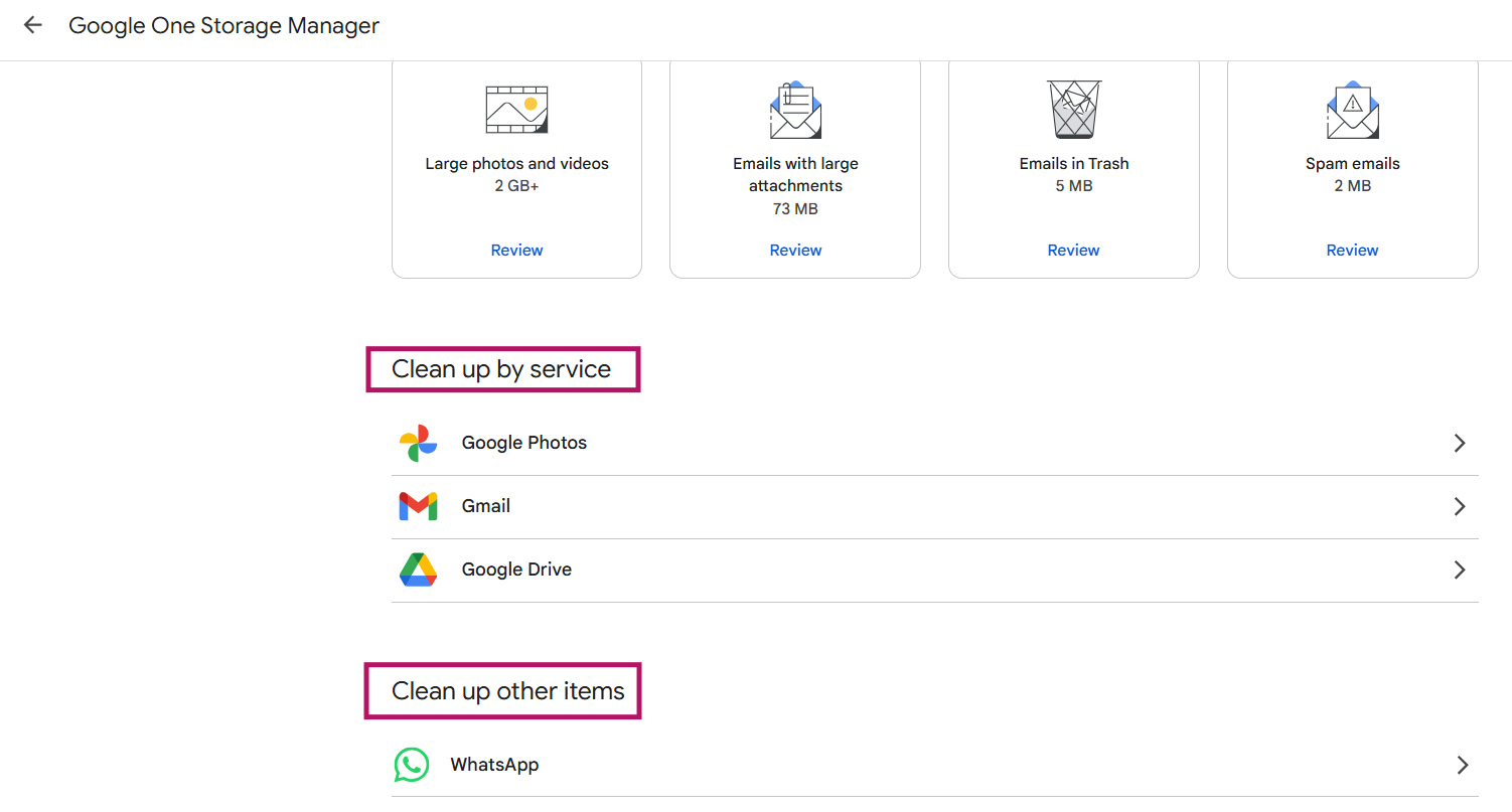 Clean up by service or items in Google One