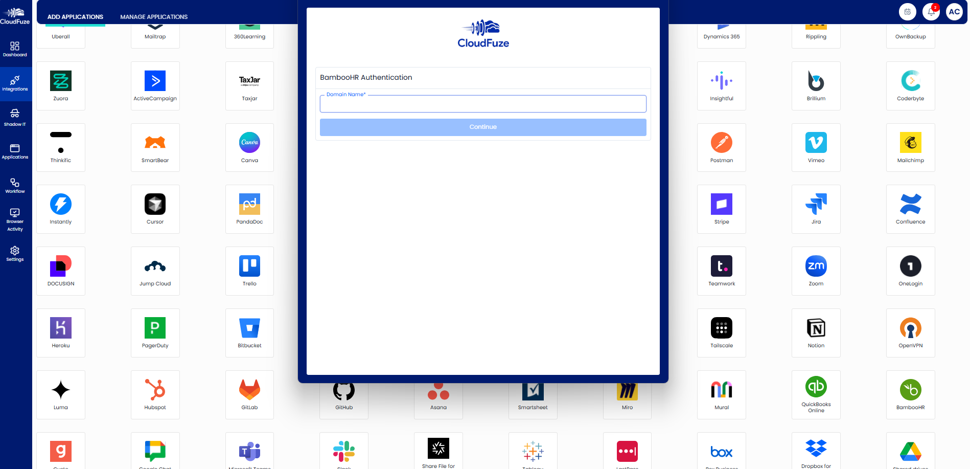 CloudFuze Manage's Integration Tab