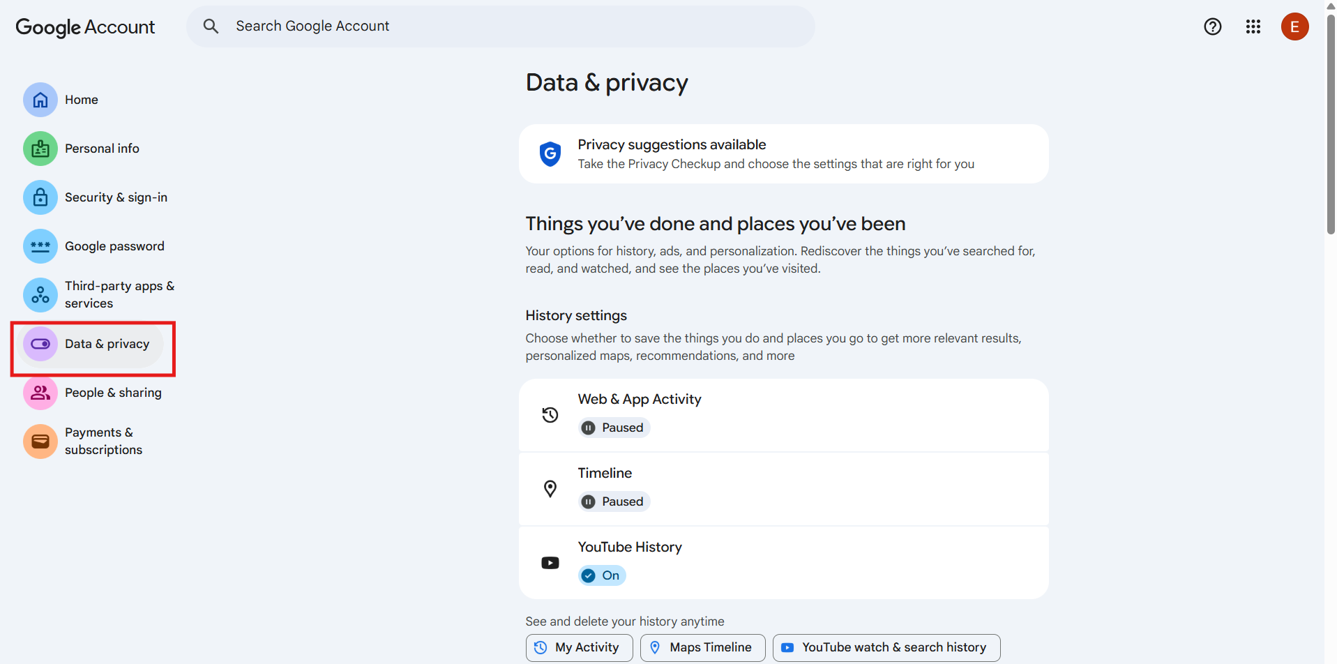 Data & Privacy section in Google Account