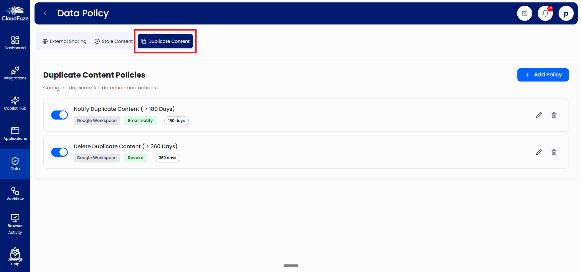 Duplicate content policies in CloudFuze Manage
