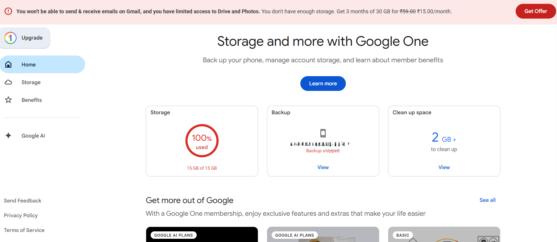 Google One account page for an exceeded storage account