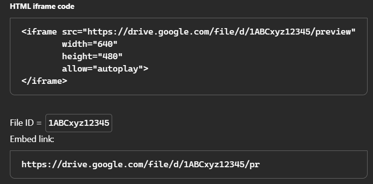 HTML Iframe code for embedding a Google Drive video to website