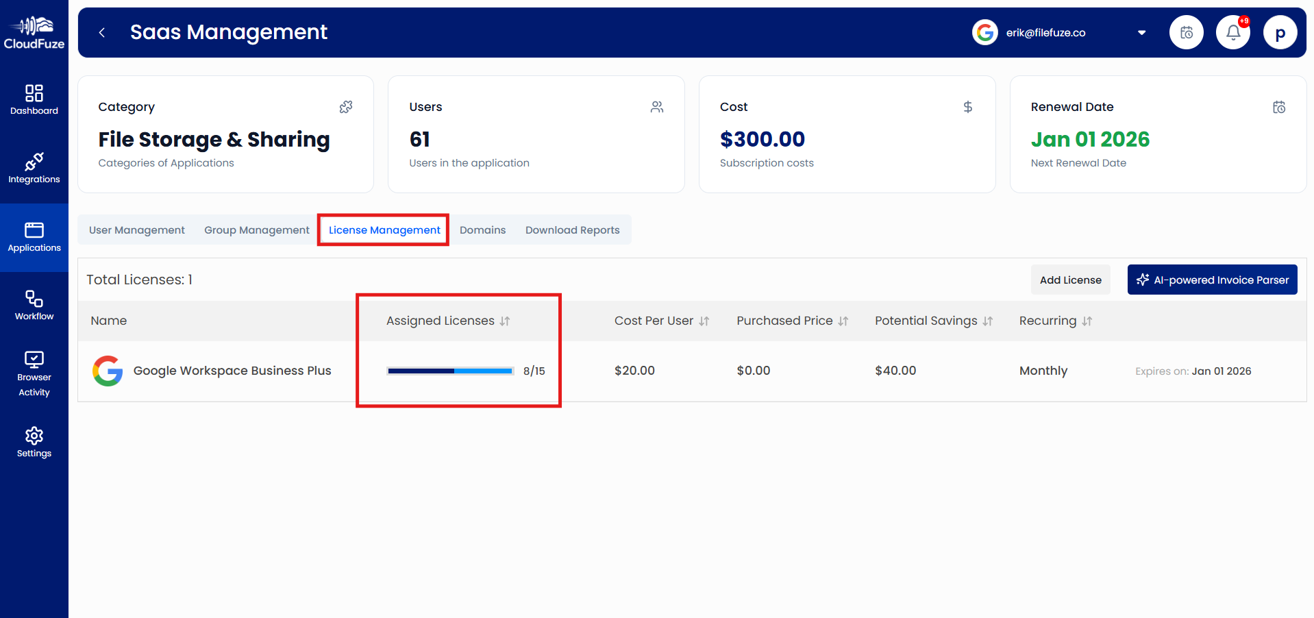 License management of apps in CloudFuze Manage