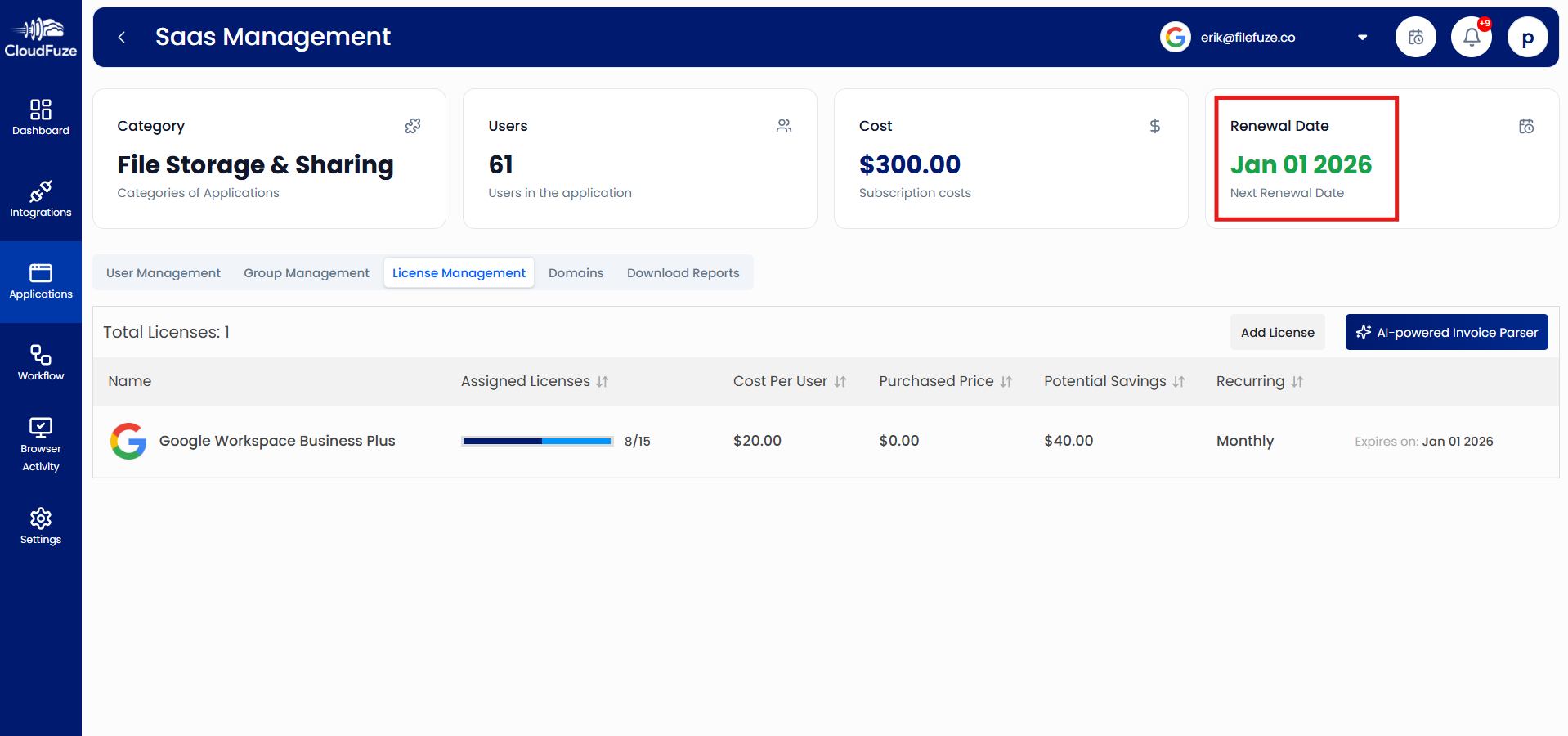 License renewal in CloudFuze Manage