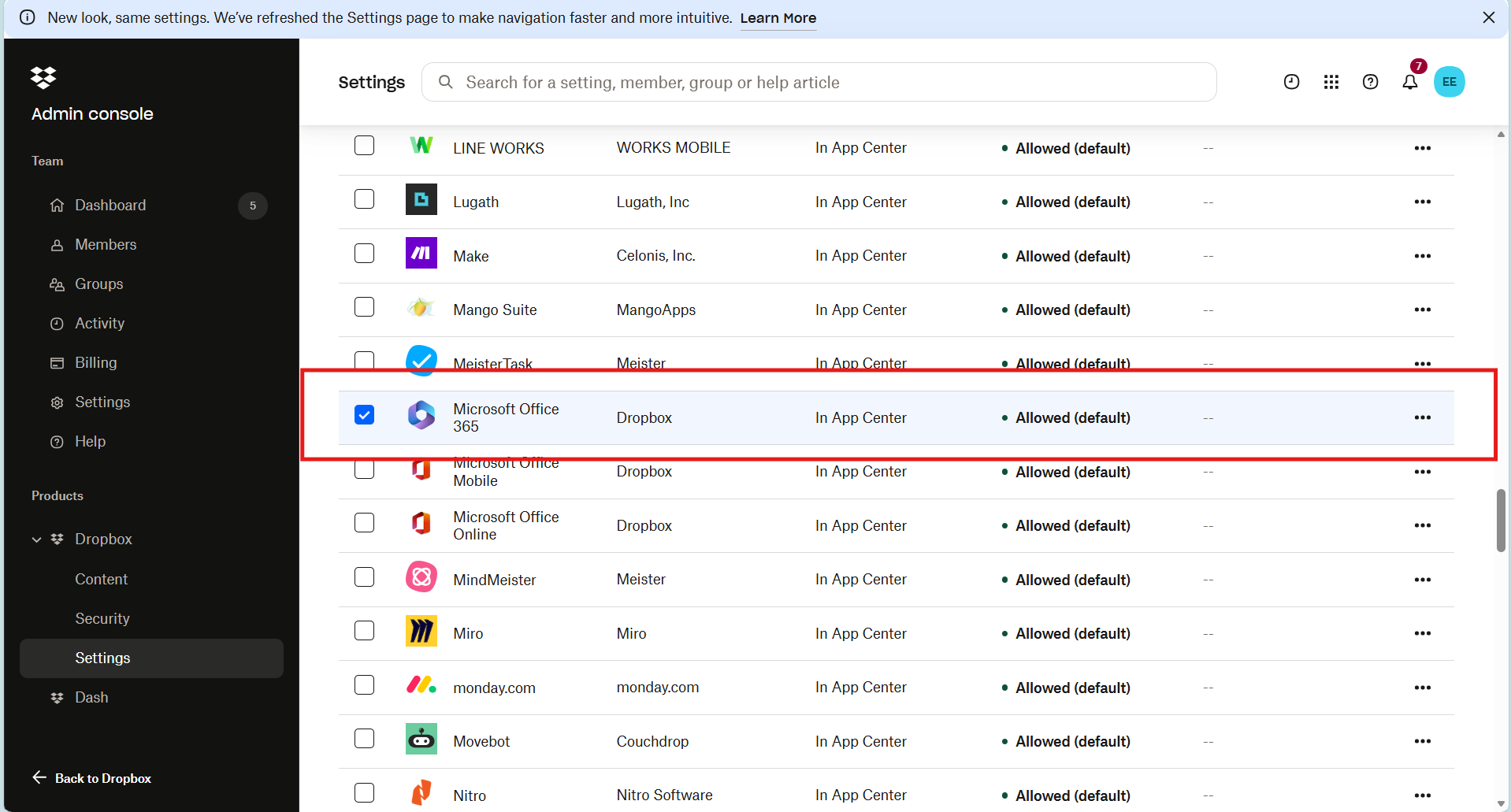Locating Microsoft Office 365 in Dropbox Admin Console