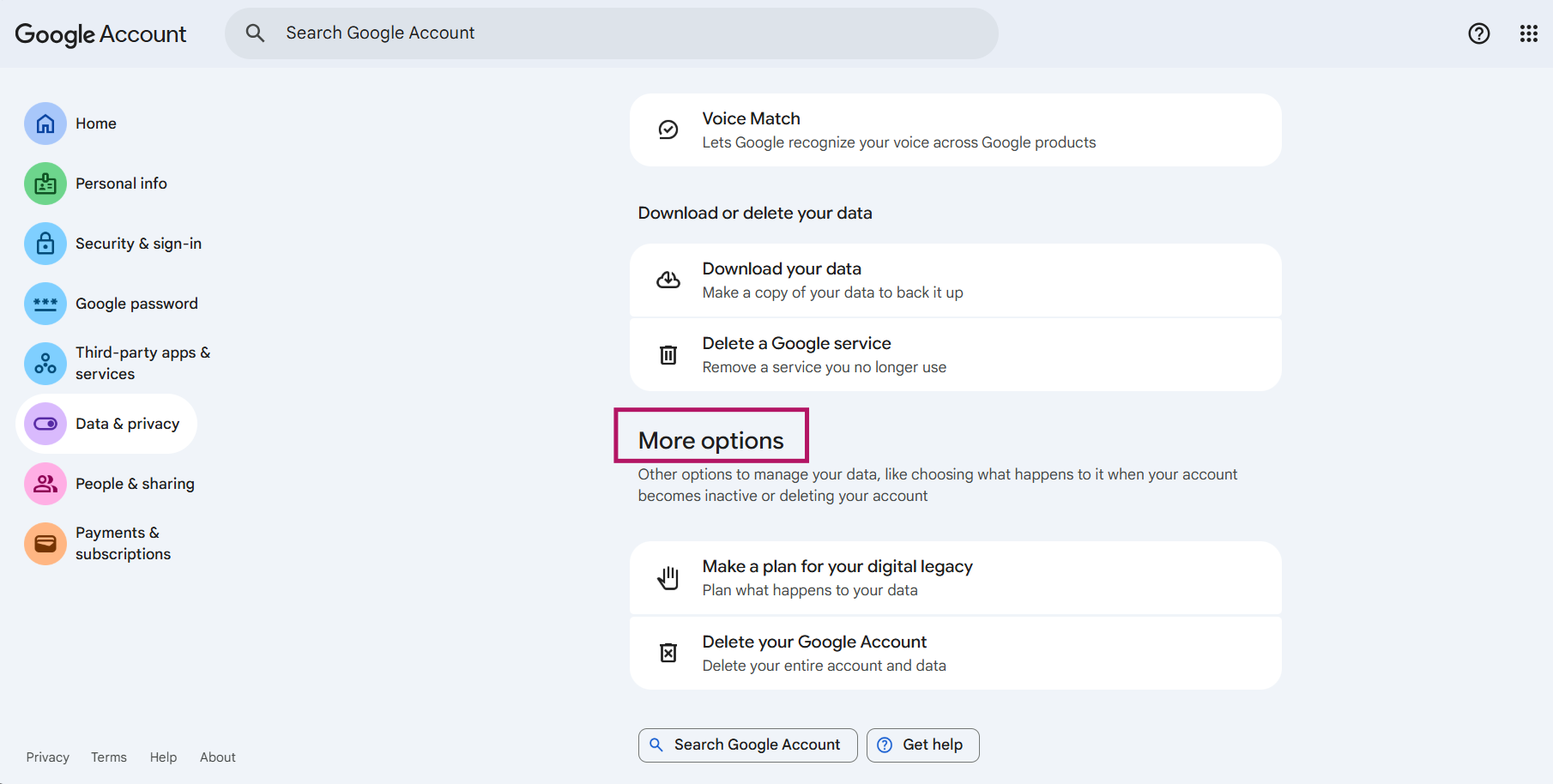 More Options section in Google Account