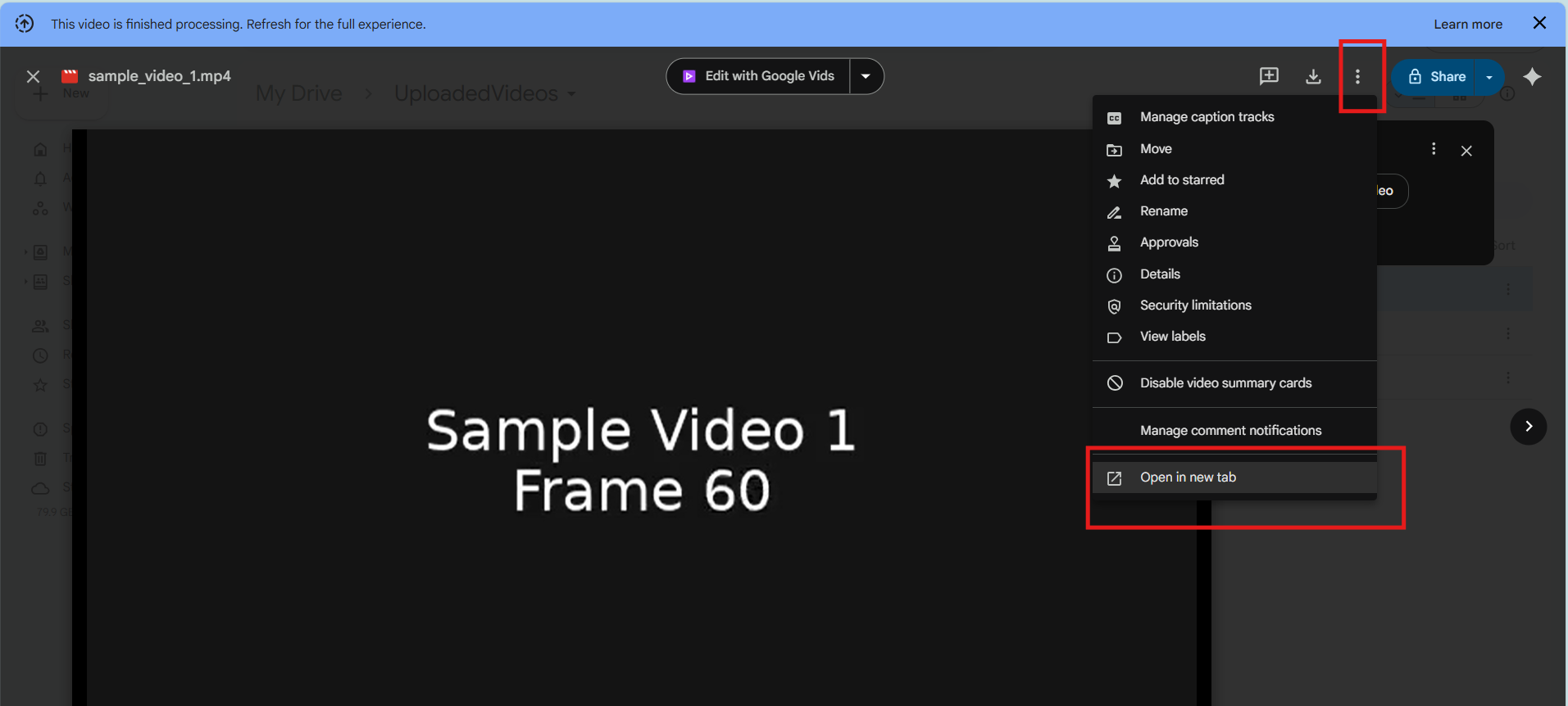 Opening Google Drive video in new tab