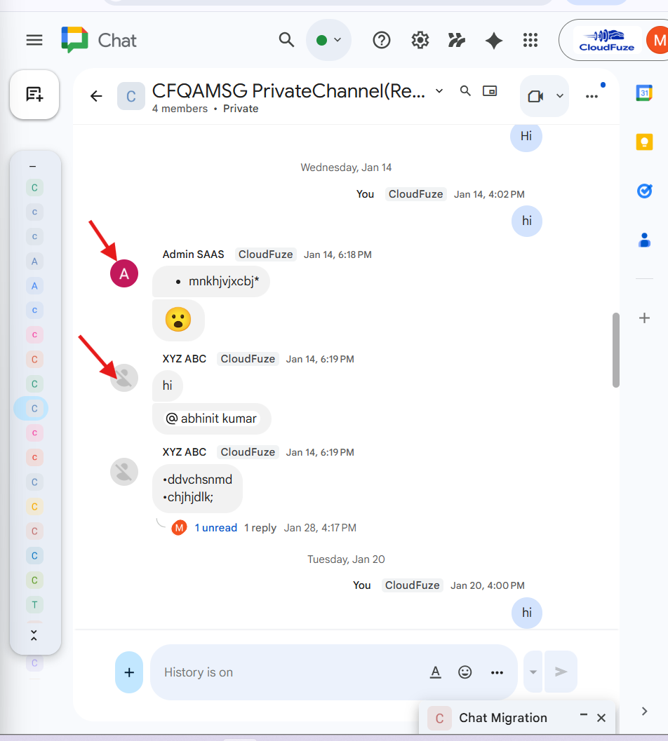 Teams usernames migrated to Google Chat using CloudFuze Migrate