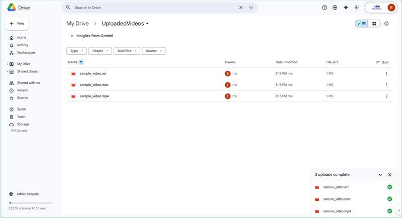 Videos uploaded to Google Drive