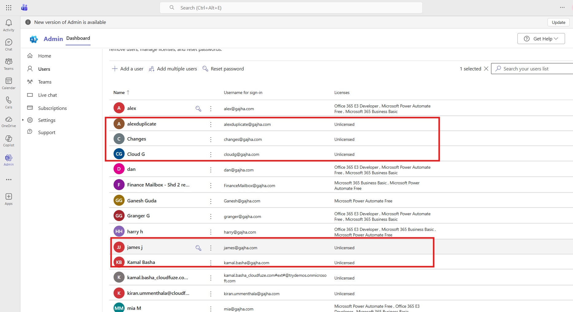 admin console in Teams with inactive users