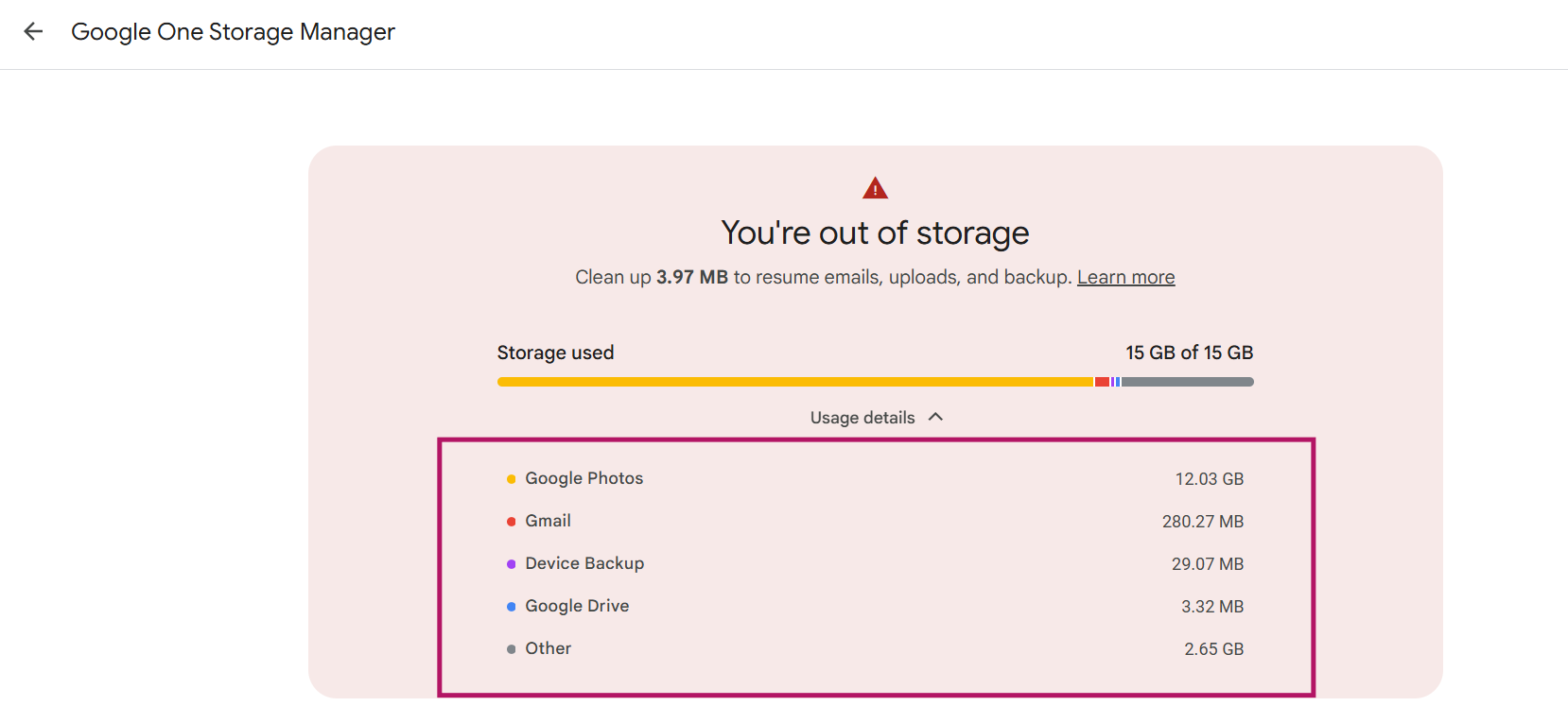 category-wise storage shown in Google One