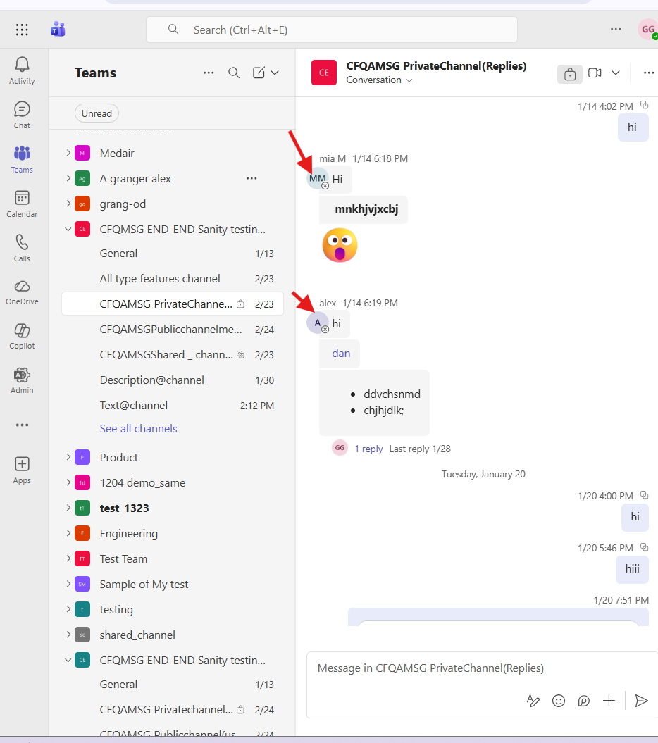 message posted usernames in Microsoft Teams