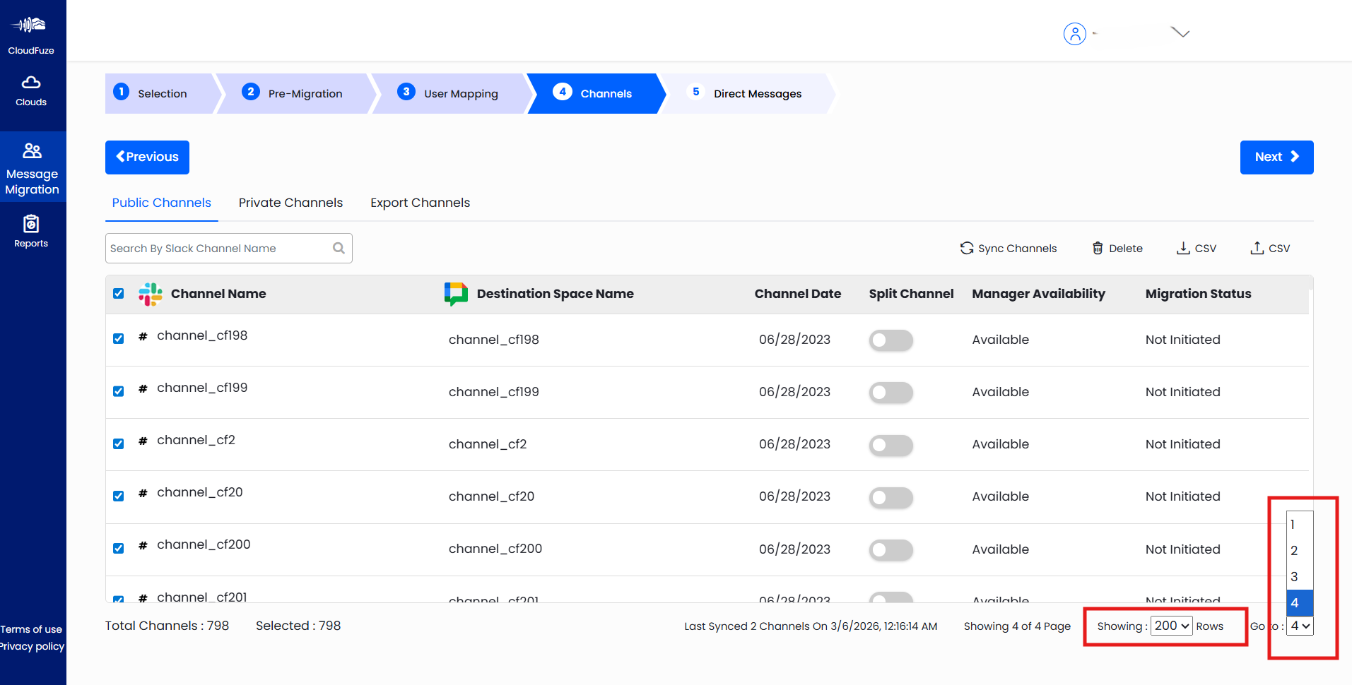 selecting rows to display in channel migration
