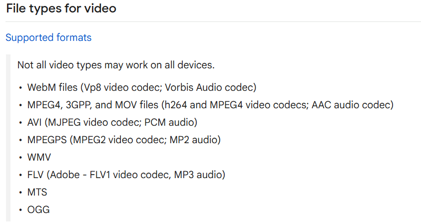 supported video file formats in Google Drive