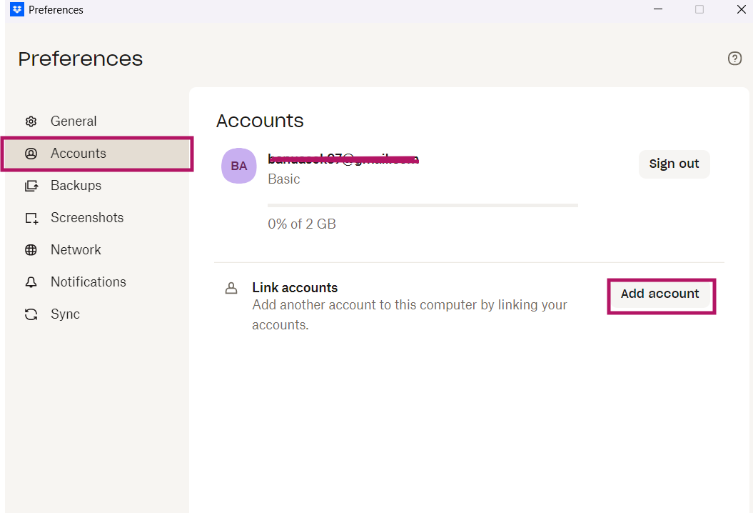 Adding account in Dropbox