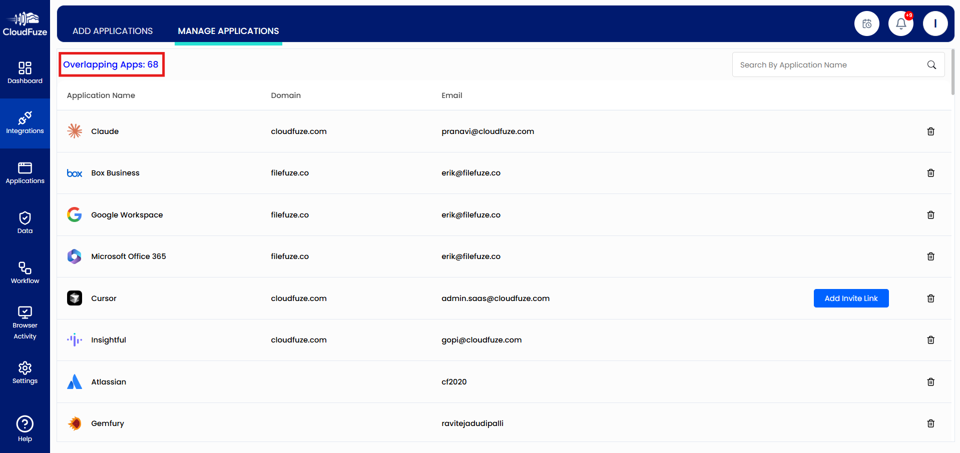 All Apps and Overlapping Apps in CloudFuze Manage