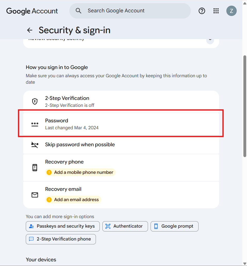 Checking details of last changed password in Gmail