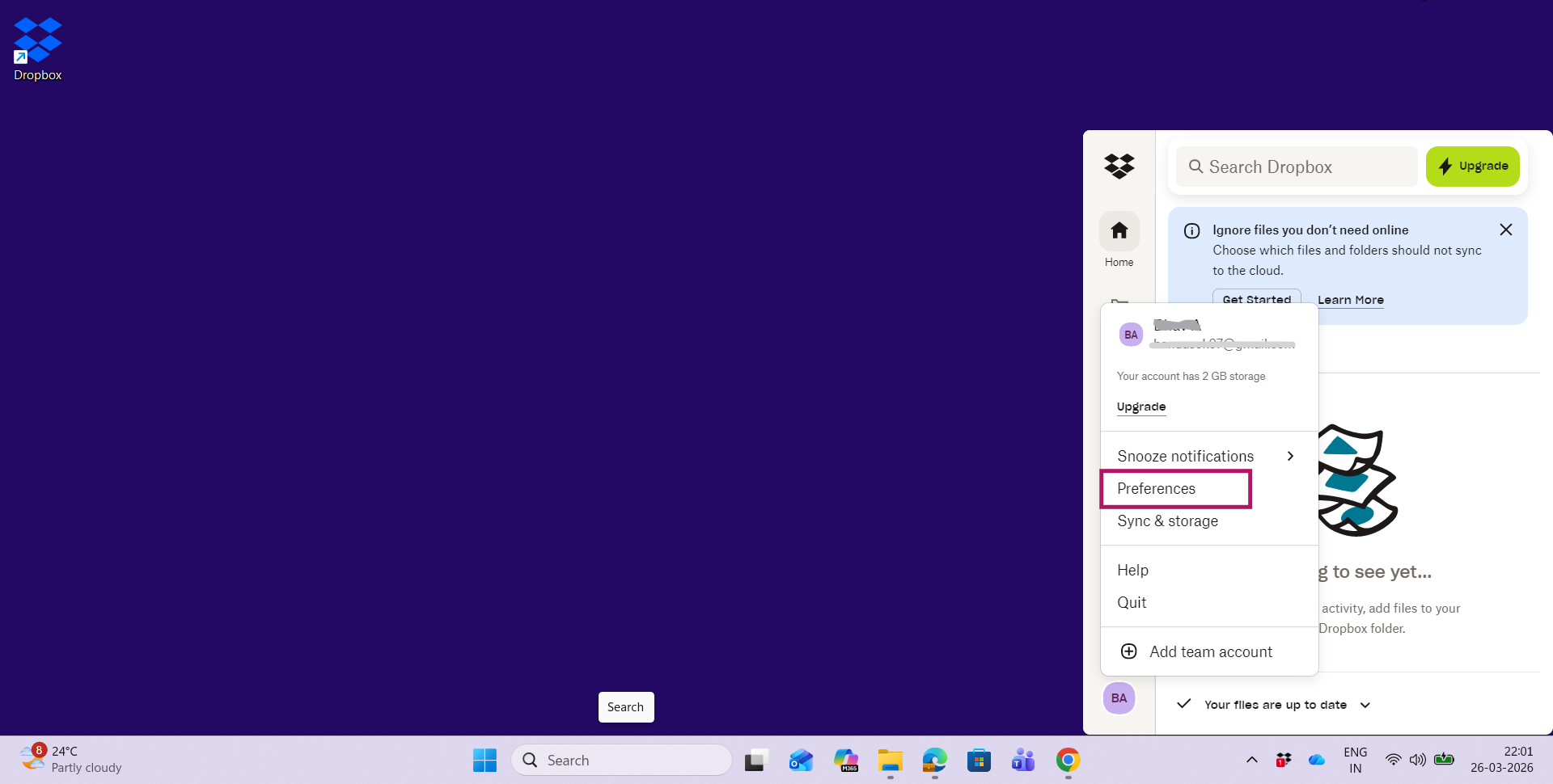 Choosing Preferences under Dropbox profile