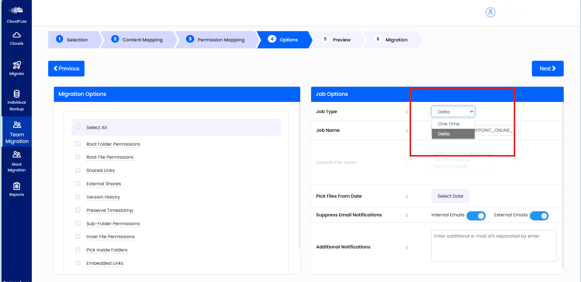 Choosing delta migration in CloudFuze platform