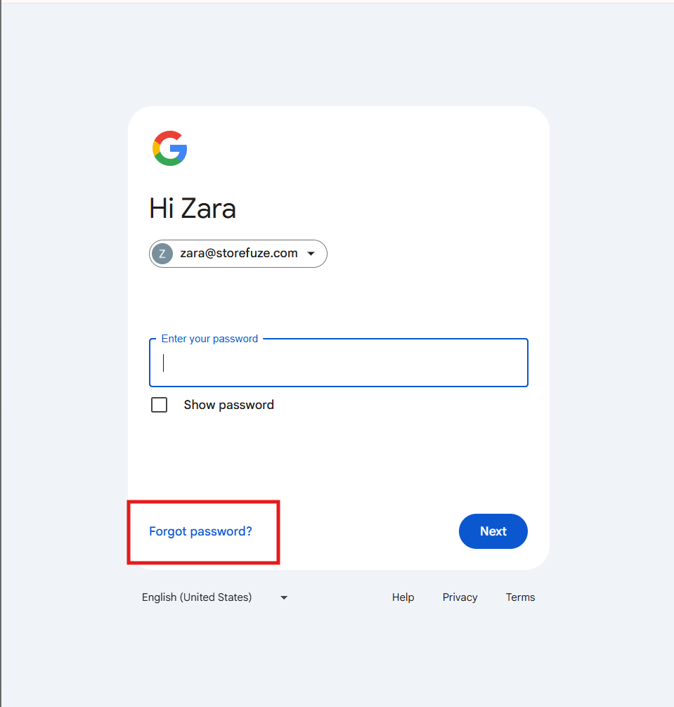 Forgot password option during Gmail sign-in