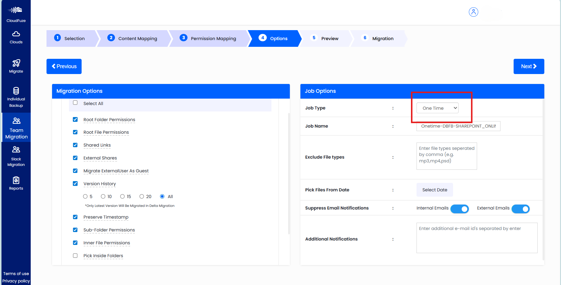 Initiating one time migration in CloudFuze platform