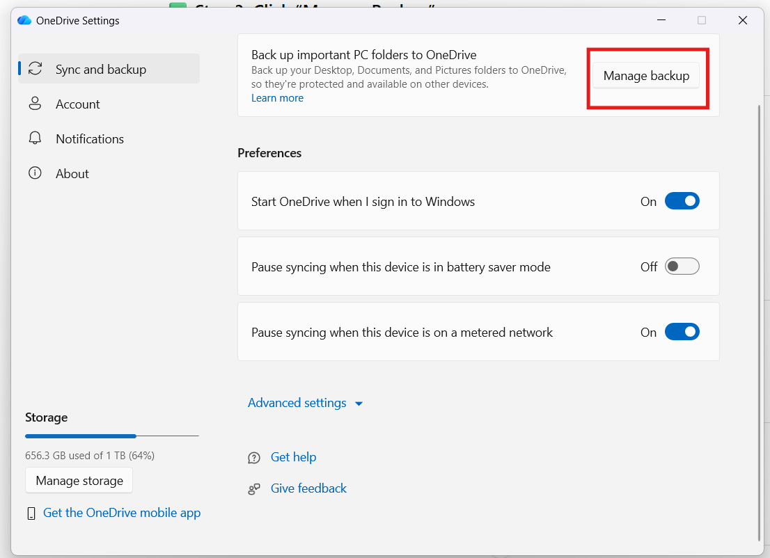 Managing backup in OneDrive