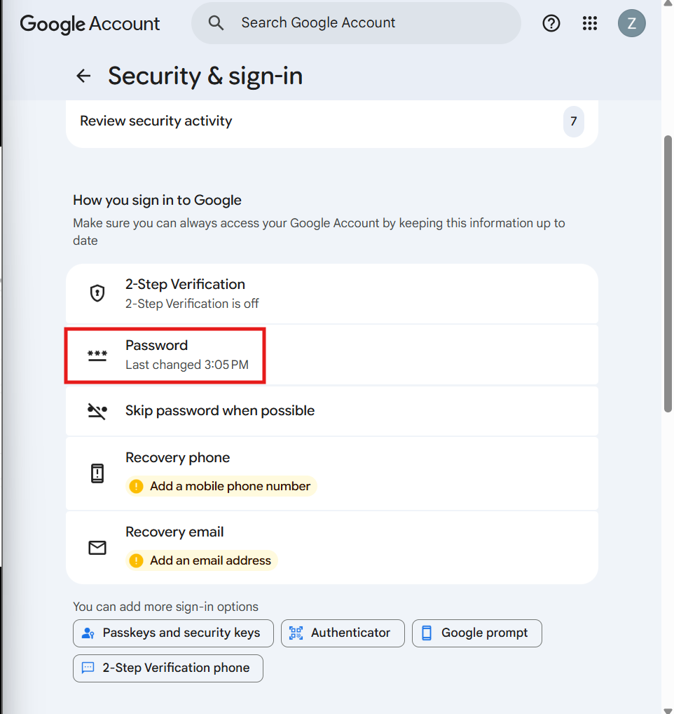 Password details changed in Gmail