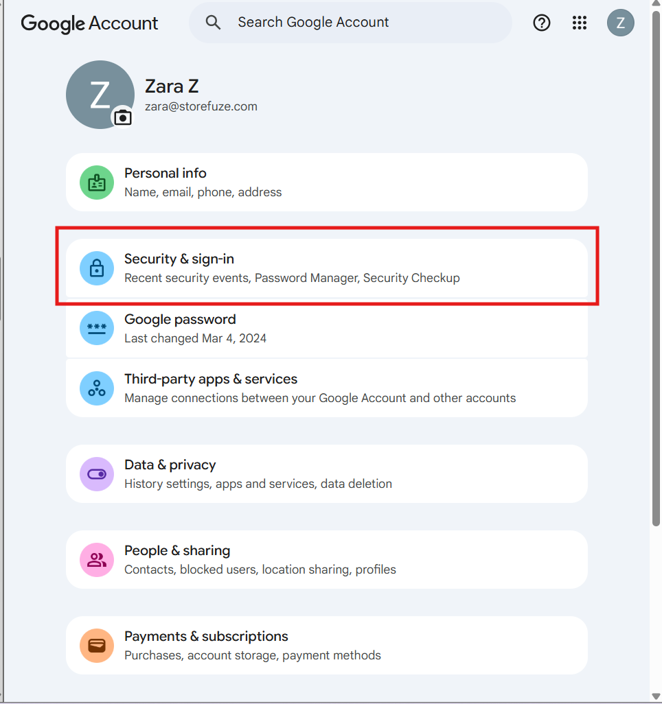 Security & sign-in options in a Google account