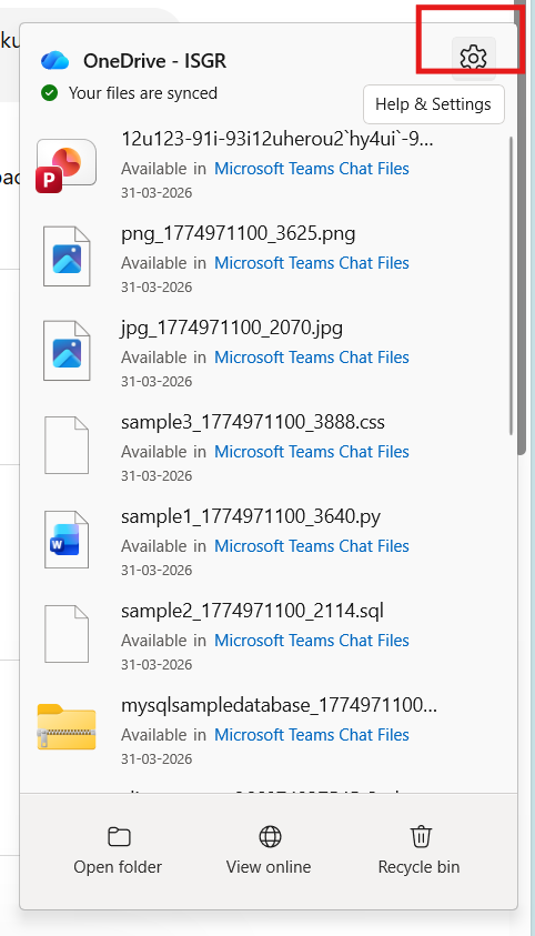 Settings icon in OneDrive
