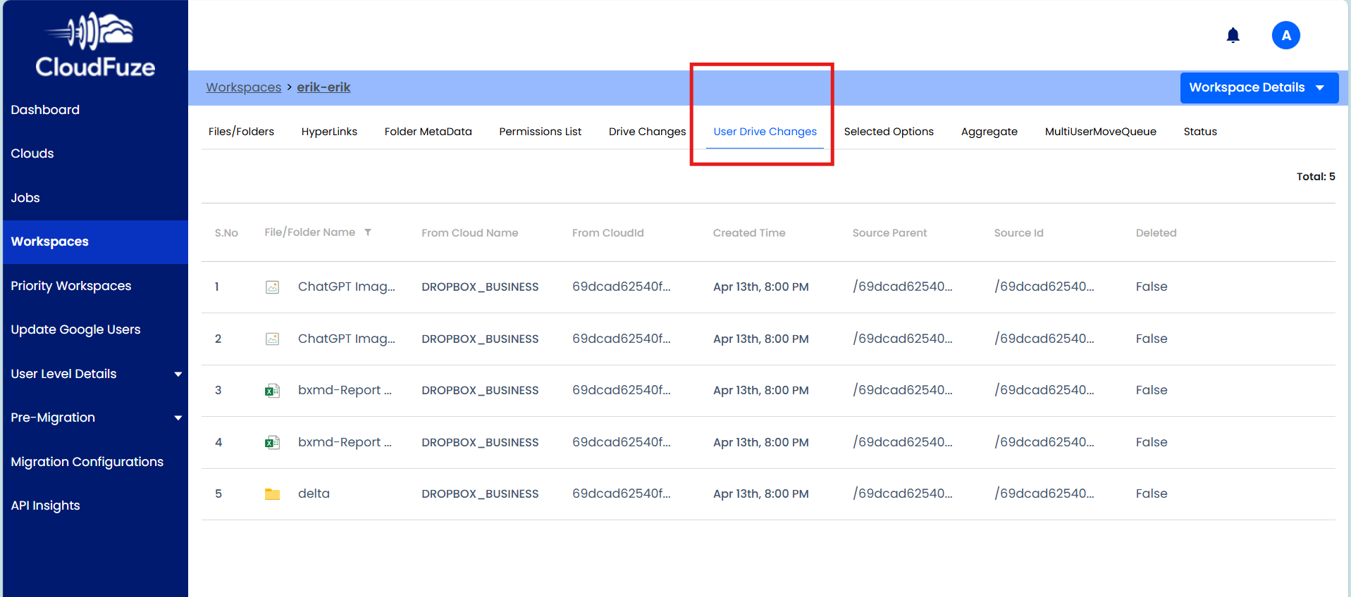 Shows the delta added files with names