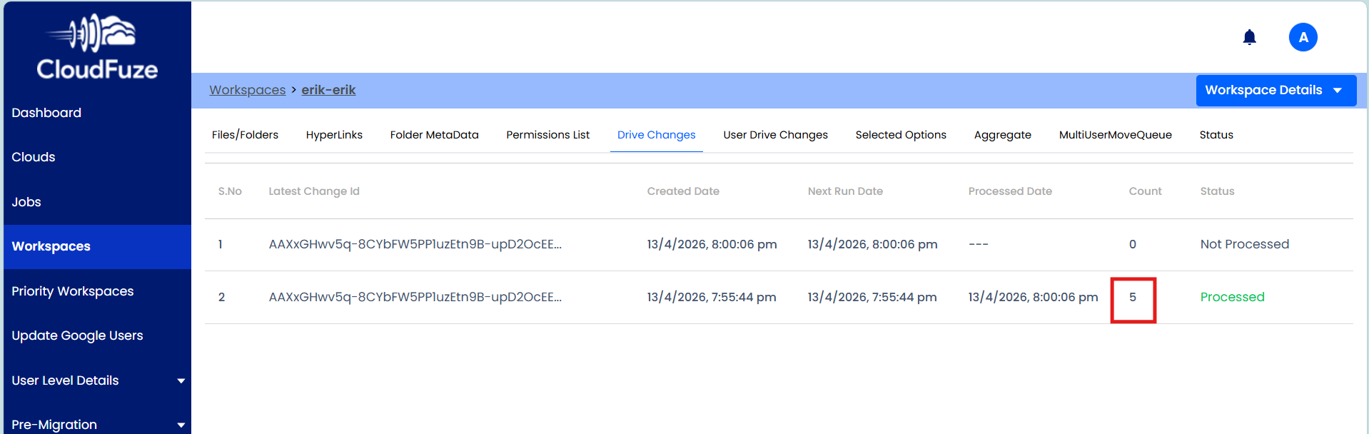 Shows the number of files and folders added in the delta migration