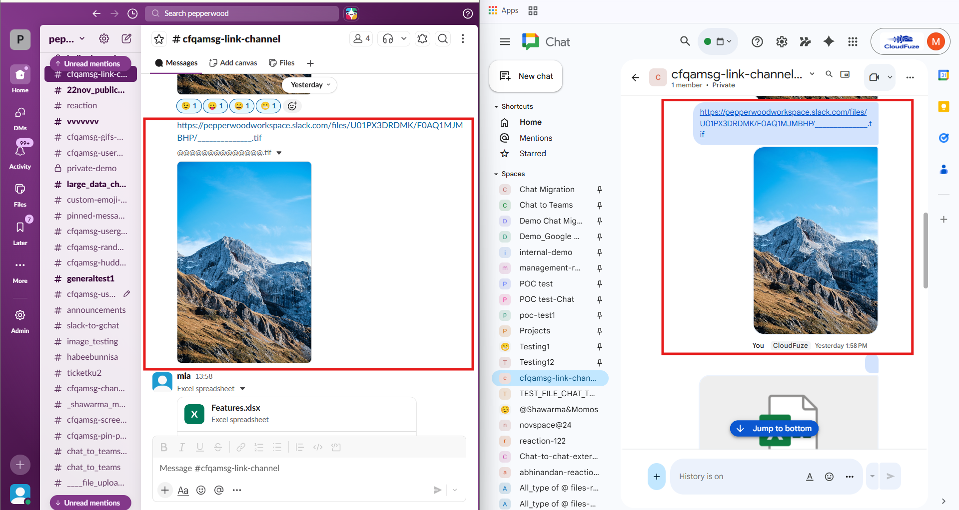 Slack shared file links moved to Google Chat using CloudFuze Migrate