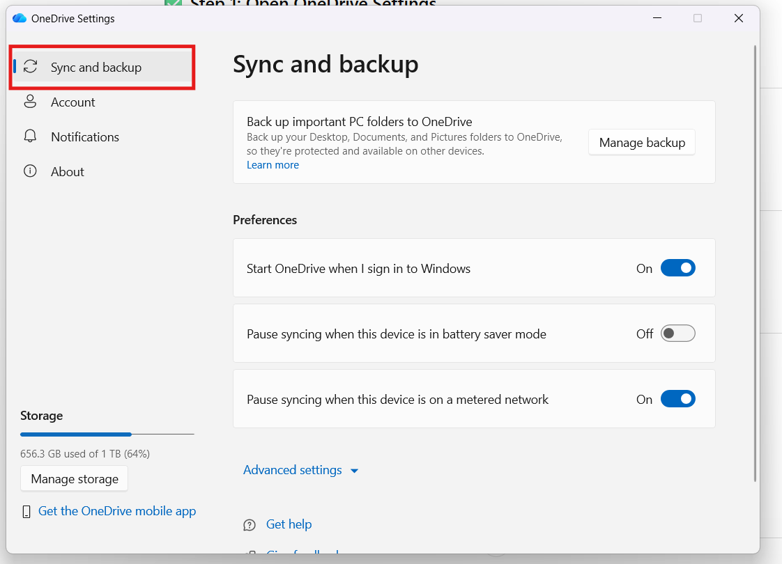 Sync and backup in OneDrive
