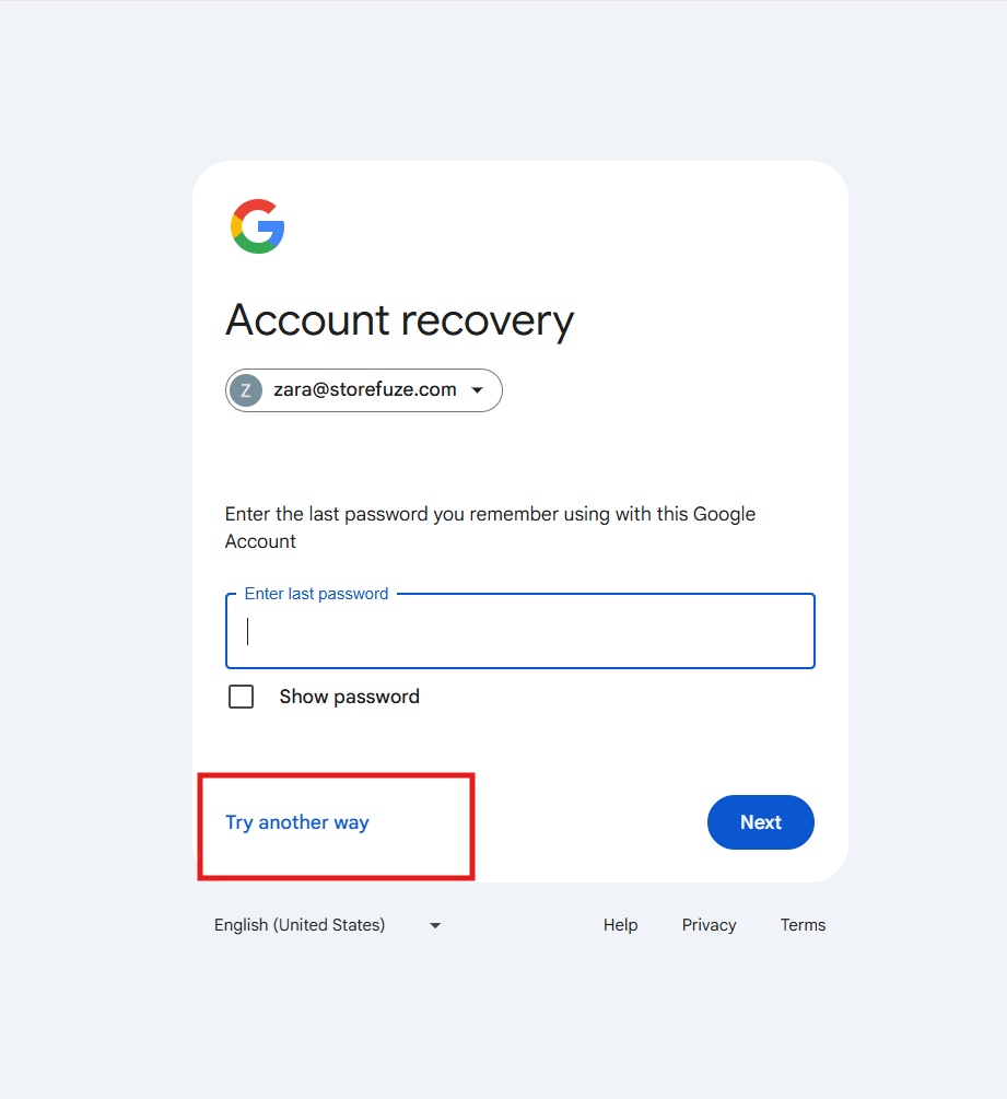 Using try another way option for Gmail sign in