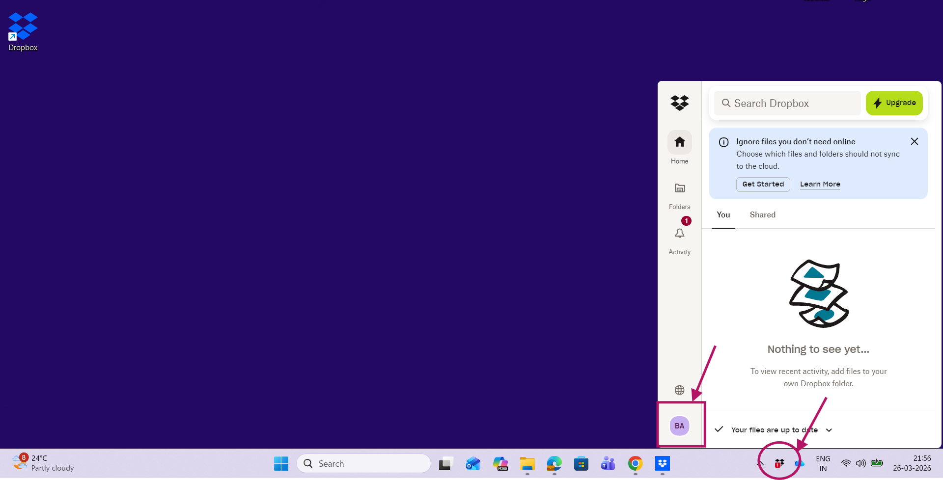 clicking on avatar from Dropbox icon in taskbar