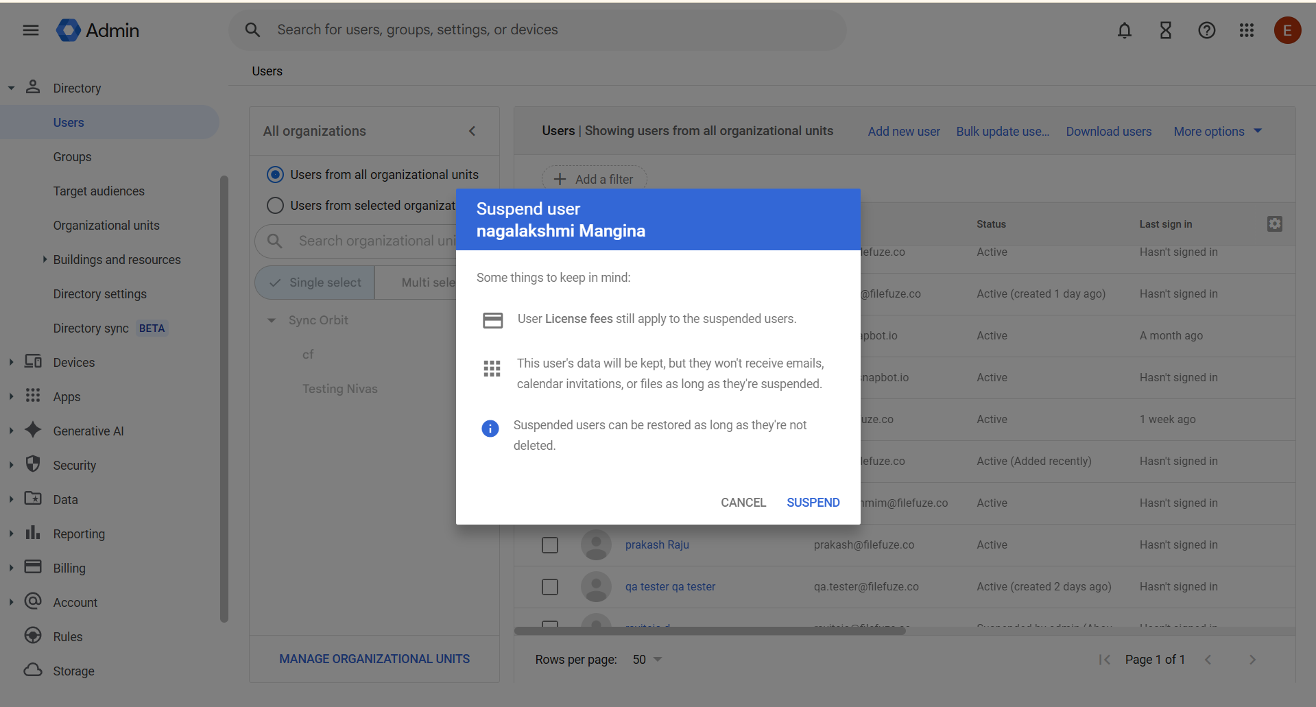 confirming a user suspension in admin console