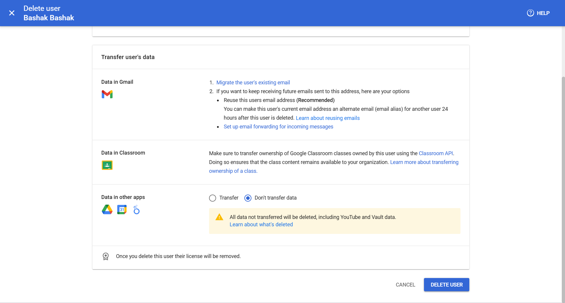confirming user deletion in admin console