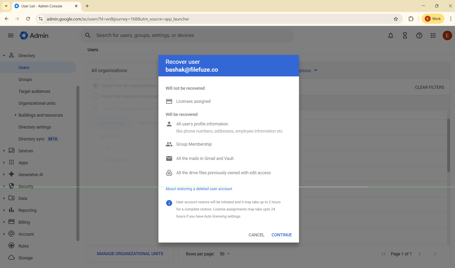 confirming user recovery in admin console