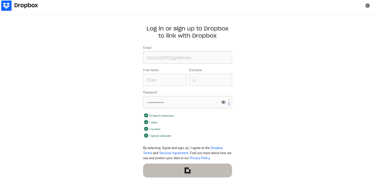 credentials signin page in Dropbox