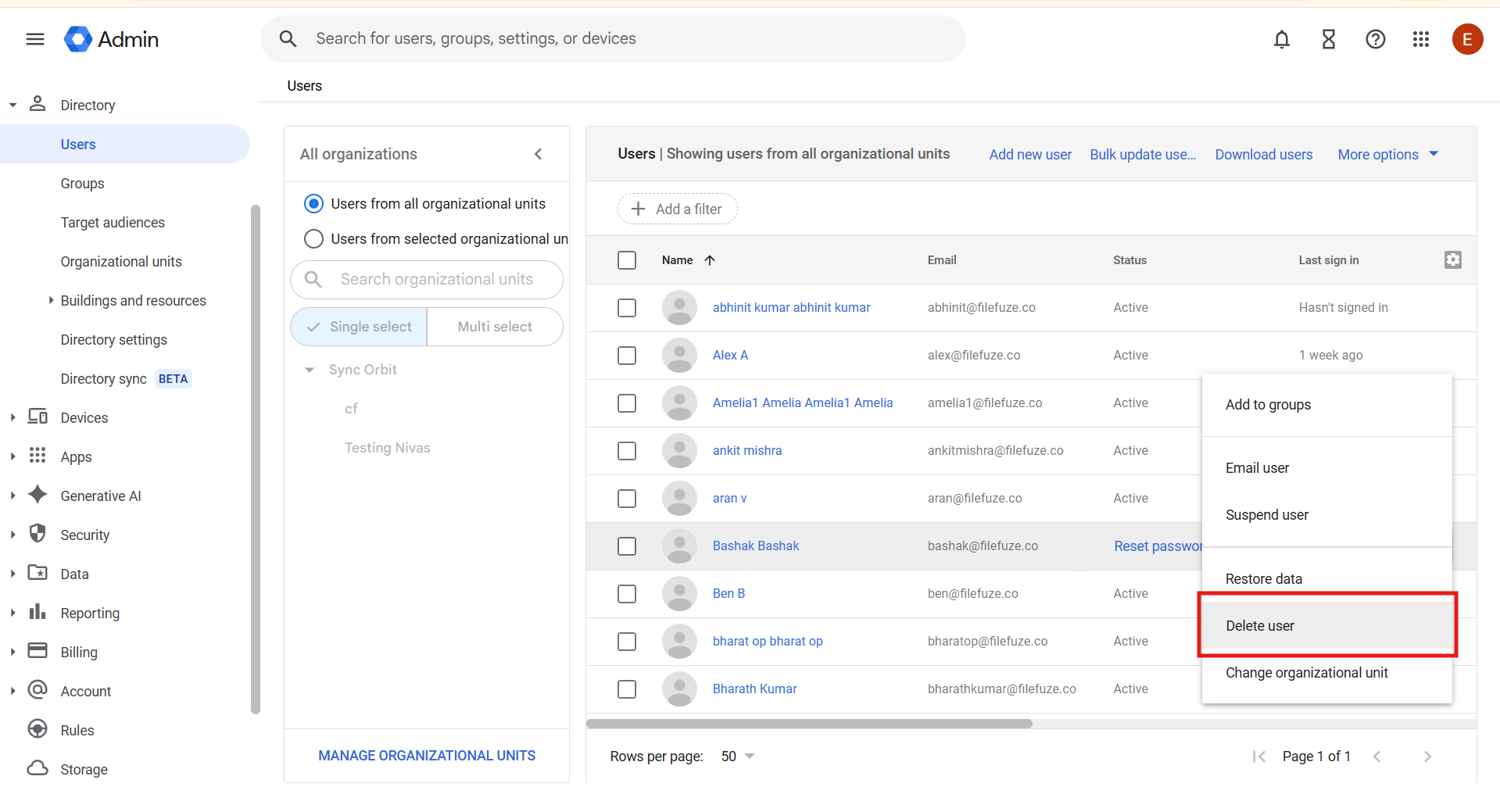 deleting a user in admin console