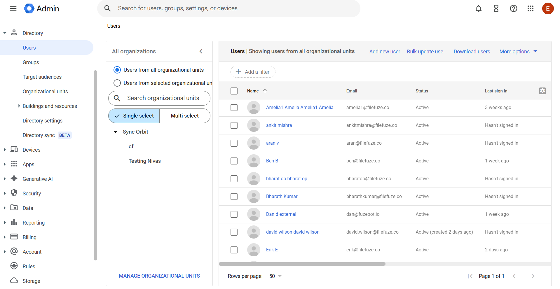 selecting users in Admin console