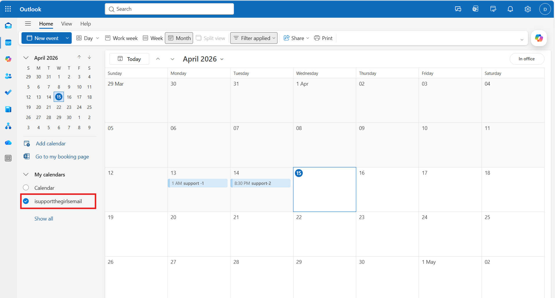sub-calendars in Outlook