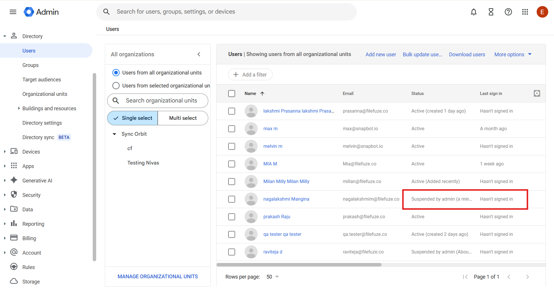 suspended user in admin console