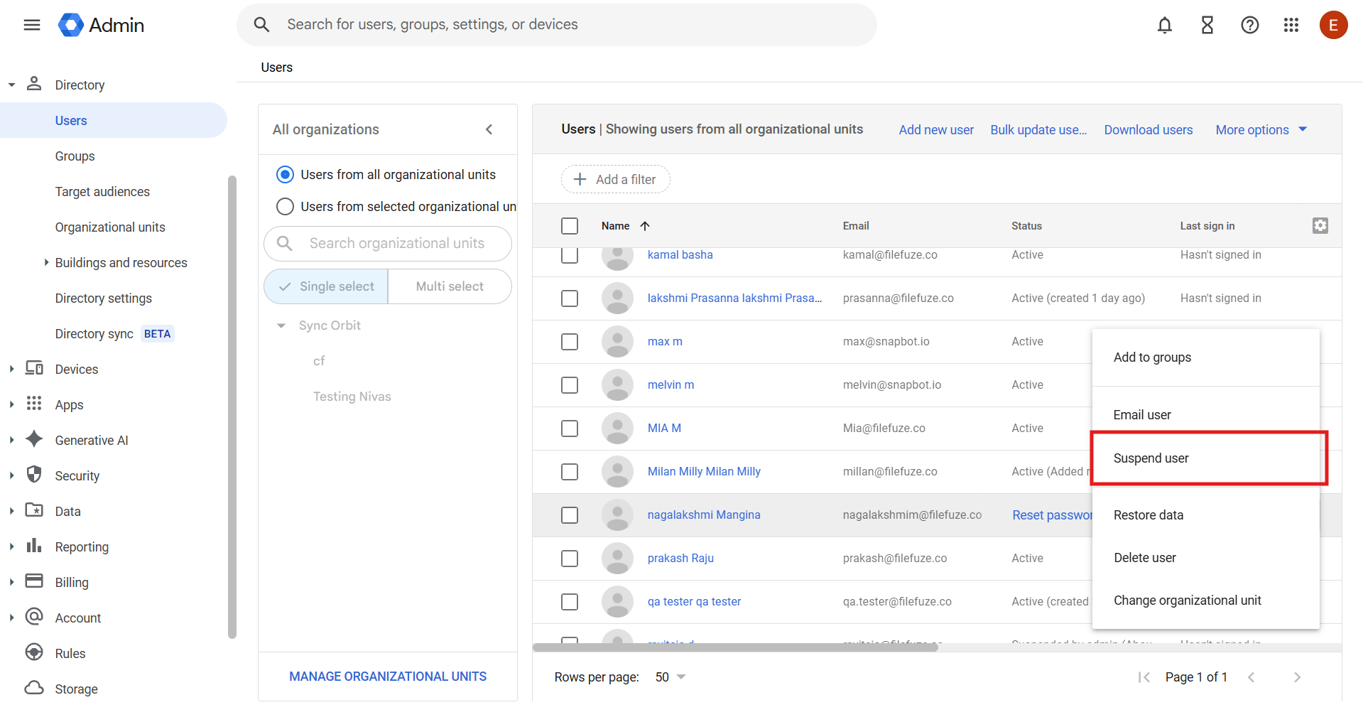 suspending user in admin console