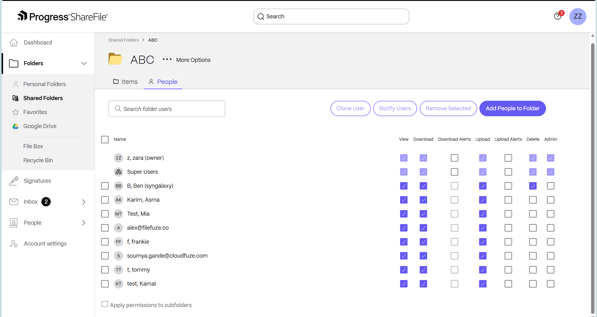 users with assigned permission levels in ShareFile