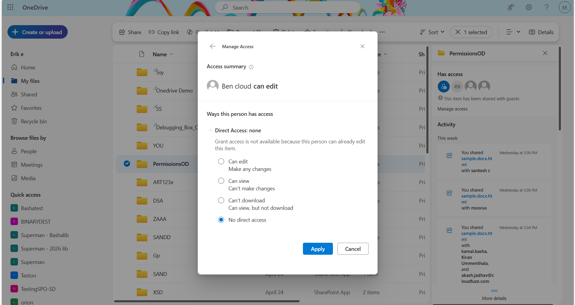 Changing access permissions in OneDrive