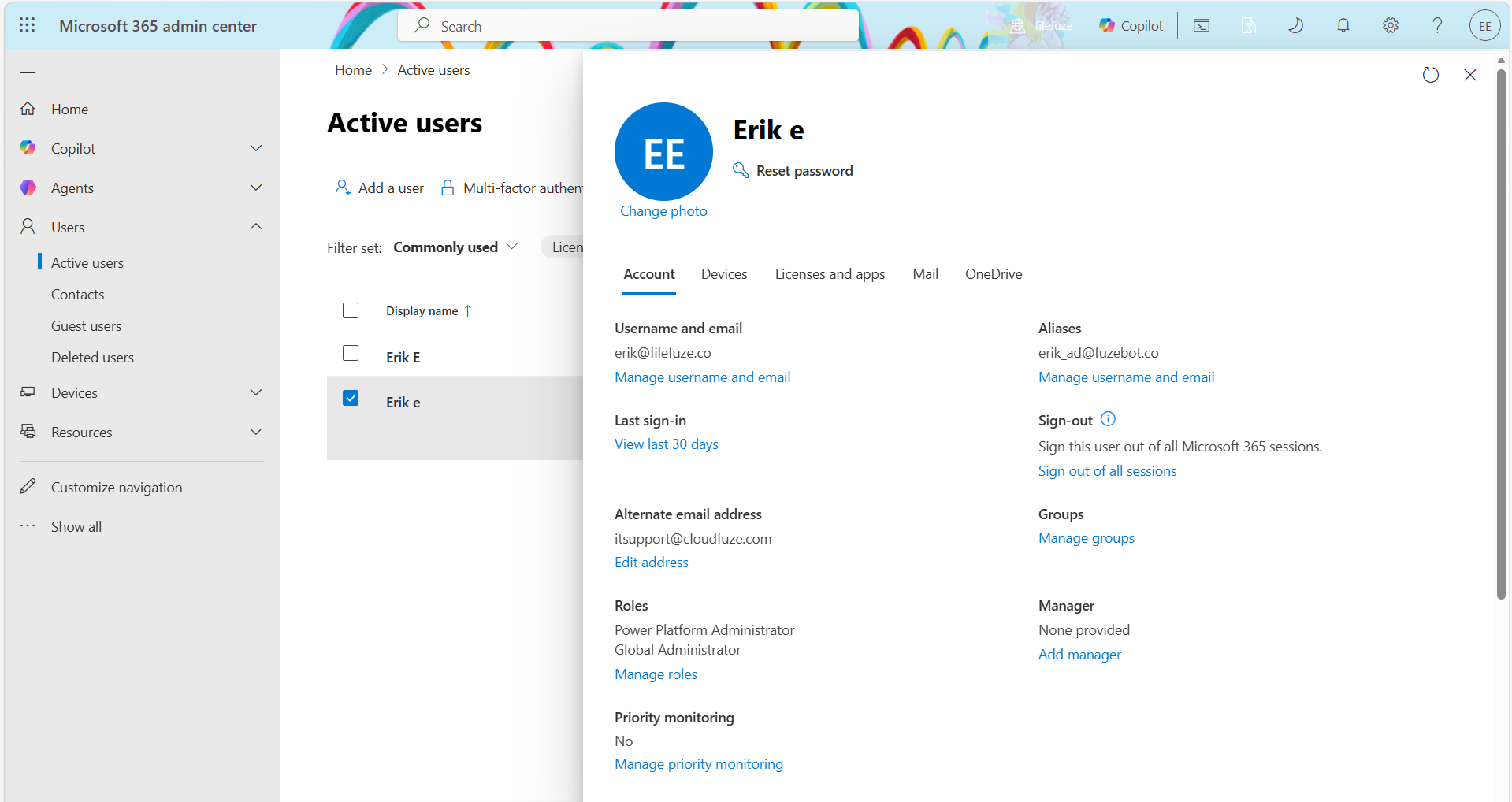 Choosing the onedrive account from admin center